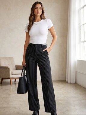 SPANNER Black Pinstripe Wide-Leg Trousers